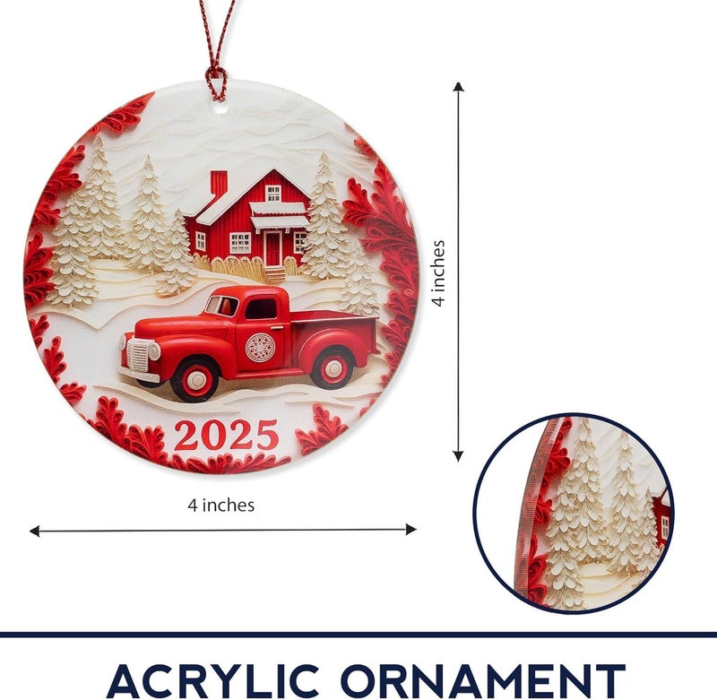 NELXI Red Truck Christmas Ornaments, Christmas Ornaments 2025, Vintage Farmhouse Holiday Decoration, Rustic Red Pickup Scene, Cozy Winter Keepsake, Classic Festive Gift for Tree Display - Image 4